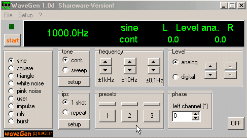 Génère des signaux sinus et impulsions de 0,1 Hz à 48000 Hz, 8 ou 16 bits.